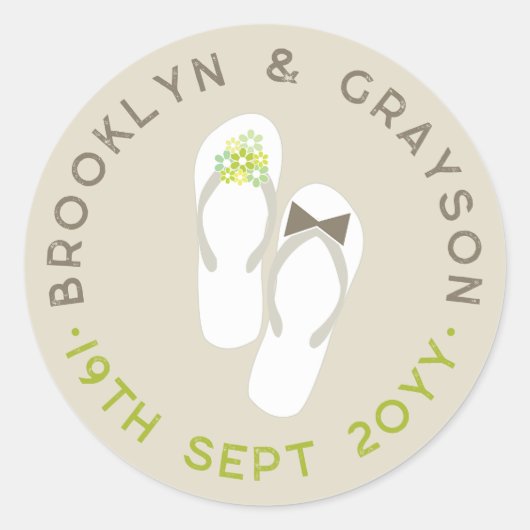 Sticker Rond Mr & Mrs Green Flowers Flip Flops Plage Mariage (Devant)