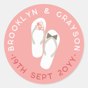 Sticker Rond Mr & Mrs Pink Flowers Flip Flops Plage Mariage