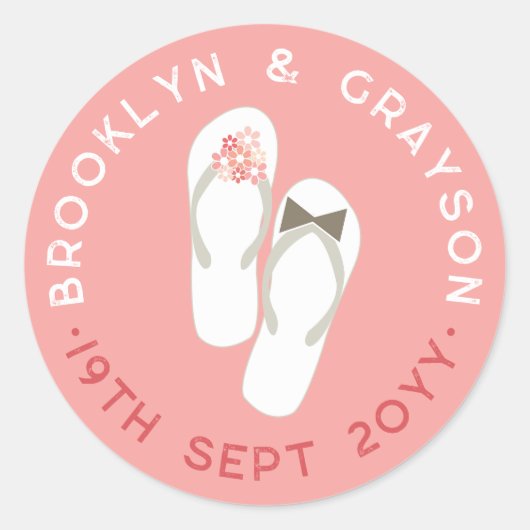 Sticker Rond Mr & Mrs Pink Flowers Flip Flops Plage Mariage (Devant)