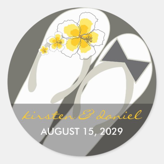 Sticker Rond Mr & Mrs Pink Hibiscus Flip Flops Plage Mariage (Devant)