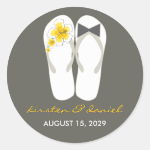 Sticker Rond Mr & Mrs Pink Hibiscus Flip Flops Plage Mariage