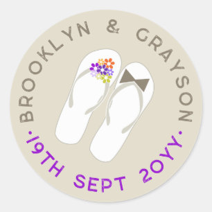 Sticker Rond Mr & Mrs Purple Flowers Flip Flops Plage Mariage