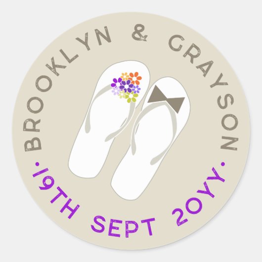 Sticker Rond Mr & Mrs Purple Flowers Flip Flops Plage Mariage (Devant)