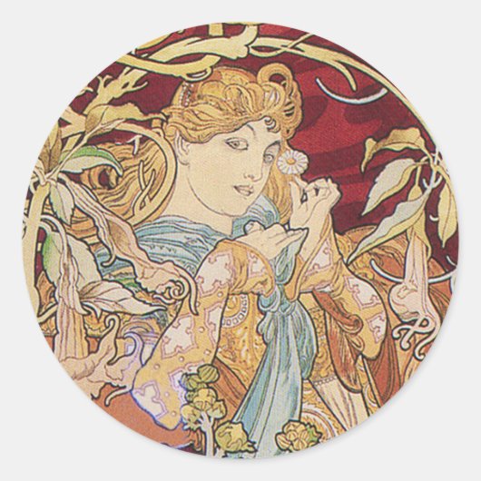 Sticker Rond Mucha Art Nouveau : Une Femme Daisée (Devant)