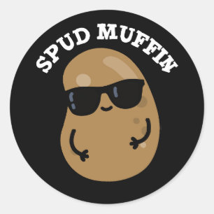 Sticker Rond Muffin Pud Funny Potato Pun Dark BG