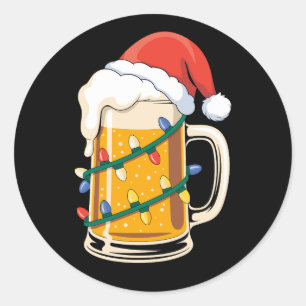 Sticker Rond Mug de bière de Noël Chapeau de Père Noël Lumières