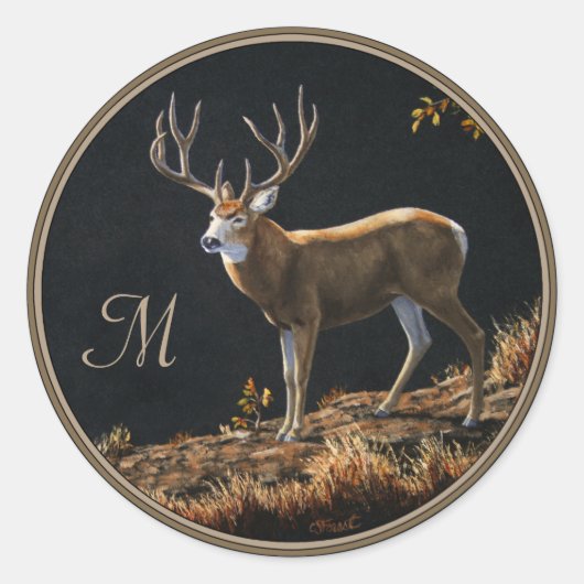 Sticker Rond Mule Deer Buck Automne Trophée Antlers Monogramme (Devant)