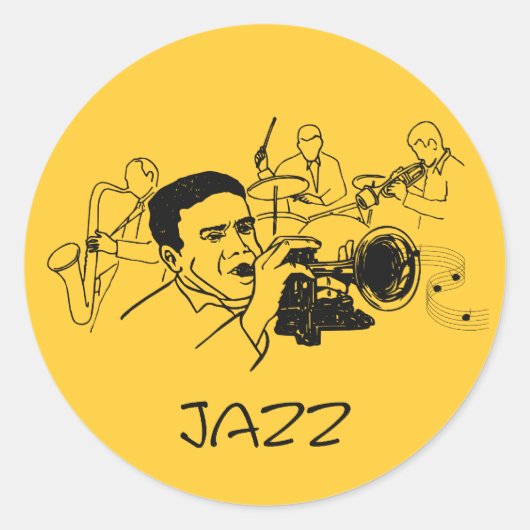 Sticker Rond Musicien JAZZ avec trompette et notes musicales (Devant)