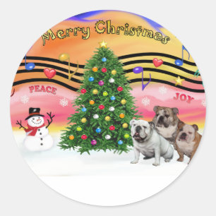 Sticker Rond Musique de Noël 2 - Bouledogues anglais (trois)