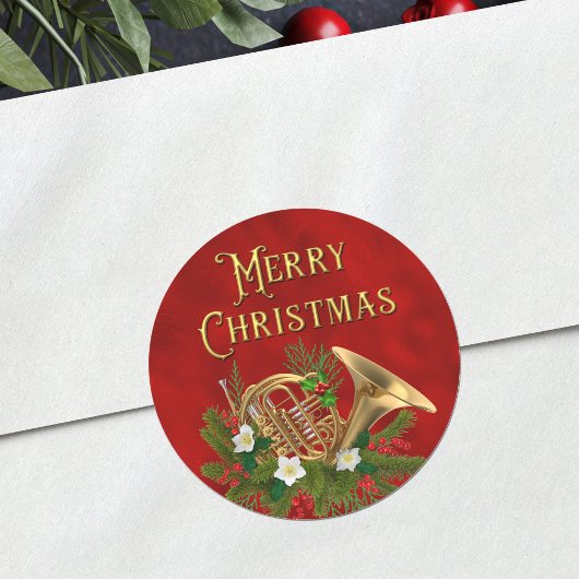 Sticker Rond Musique élégante de Noël au cor français rouge