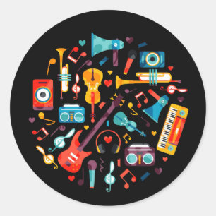 Sticker Rond Musique funky instruments de musique colorés