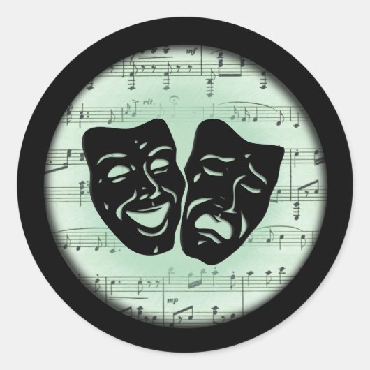 Sticker Rond Musique verte et masques grecs de théâtre (Devant)