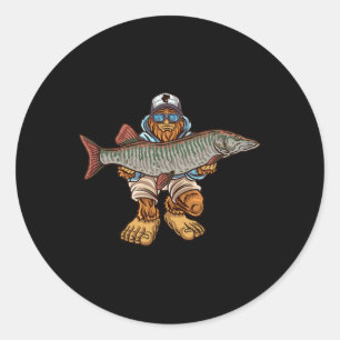 Sticker Rond Muskie Fishing Tigre Musky Chasse Pêcheur Bigfoot