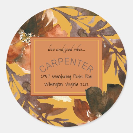 Sticker Rond Mustard Fall Foliage Love & Good Vibes (Devant)