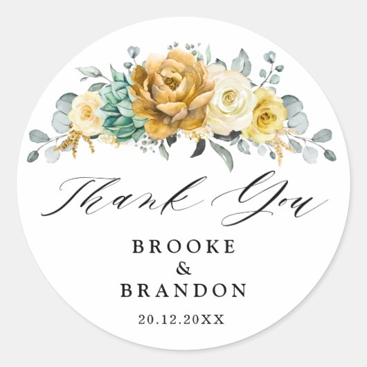 Sticker Rond Mustard Jaune Floral Moderne Merci Mariage (Devant)