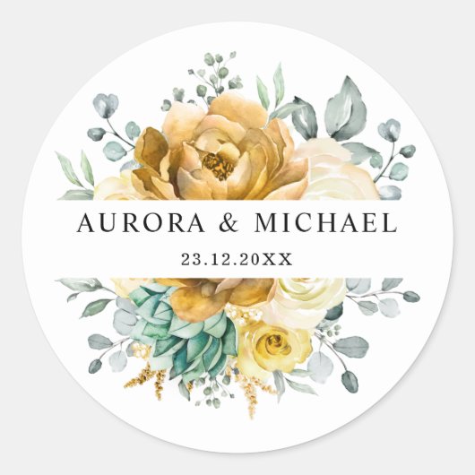 Sticker Rond Mustard Jaune Floral Sage Vert Mariage moderne (Devant)