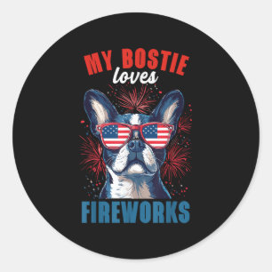 Sticker Rond My Boston Terrier aime le feu d'artifice 4 juillet