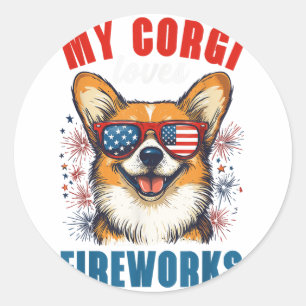 Sticker Rond My Corgi aime les feux d'artifice 4 juillet chien