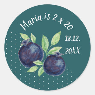 Sticker Rond Myrtilles Mignonnes Aquarelle Peinte à la Main