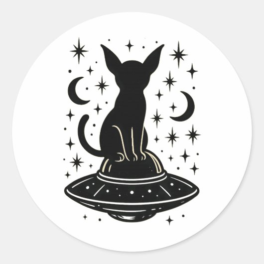 Sticker Rond Mystical Cat on UFO with Stars & Moons (Devant)