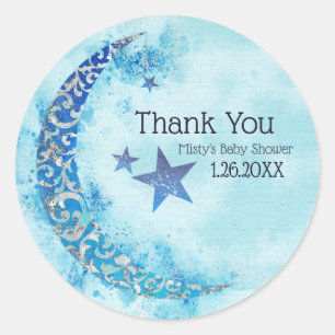 Sticker Rond Mystique Bleu et Argent Aquarelle Moitié Lune Luna