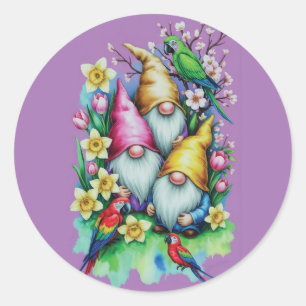 Sticker Rond Nains de jardin avec perroquets et floraisons prin