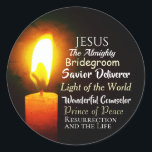Sticker Rond Names of Jesus Christmas, Prince of Peace, Savior<br><div class="desc">Beautiful quota d’inspiration custom Christmas Sticker fea lit candle and fets names of Jesus in the Bible: Good Shepherd,  Bridegroom,  Savior,  Deliverer,  Light of the world,  Wonderful Counselor,  Prince of Peace.*</div>