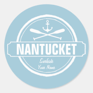 Sticker Rond Nantucket, MA nom personnalisé, ancre nautique