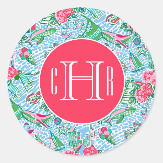 Sticker Rond Nantucket Preppy Palm Beach Imprimer Monogramme (Devant)