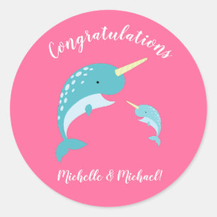 Sticker Rond Narwhal Baby shower rose fille baleine