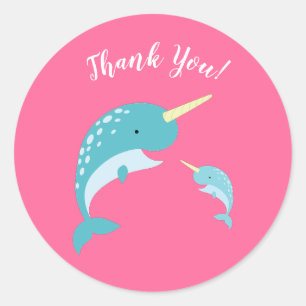 Sticker Rond Narwhal Baby shower rose fille baleine