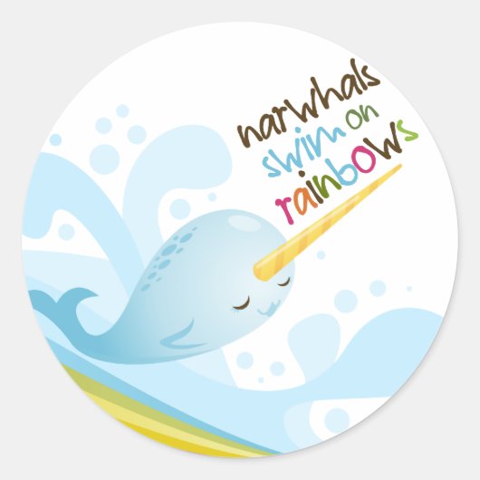 Sticker Rond Narwhals nagent sur Rainbows (Devant)