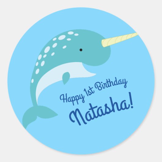 Sticker Rond Narwhals Ocean Cute 1er Anniversaire Thème de fête (Devant)