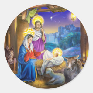 Sticker Rond Nativité de Jésus avec Josef et Marie, vaches, âne