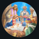 Sticker Rond Nativity of Jesus x mas image for christmas cards<br><div class="desc">Nativity of Jesus x-mas image for christmas cards. Vintage illustration Christmas holiday religious design featuring a classic nativity scene with Mary,  Joseph and the baby Jesus Christ in the manager with lamb and sheep.</div>