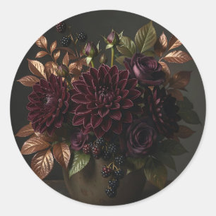 Sticker Rond NATURE MORTE DE ROSE Dahlia Bourgogne Foncé