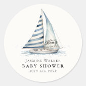 Sticker Rond Nauti-Bouy Blue Stripe Sailboat Baby Shower (Devant)