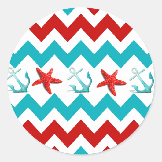 Sticker Rond Nautical Beach Rouge Turquoise Chevron Ancres Star (Devant)
