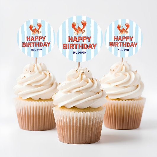 Sticker Rond Nautical Lobster Kids Happy Birthday