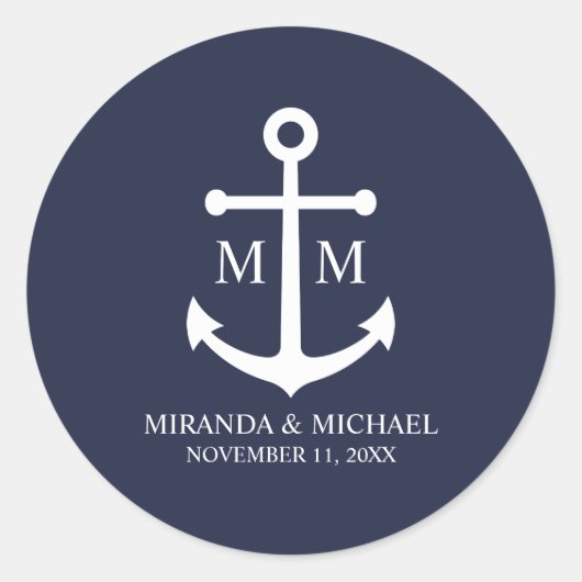 Sticker Rond Nautical Navy Blue Anchor Wedding (Devant)