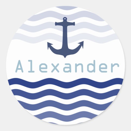 Sticker Rond Nautical Navy Waves and Ancre Nom personnalisé (Devant)