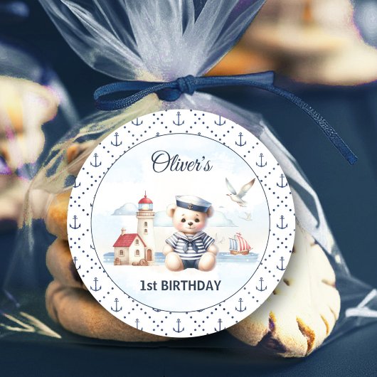 Sticker Rond Nautical Sailor Bear 1er anniversaire Ancre