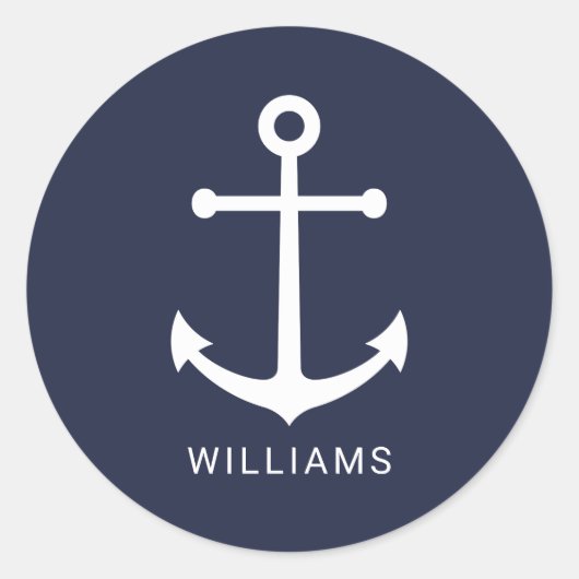 Sticker Rond Nautical White Anchor and Custom Nom on Navy Blue (Devant)