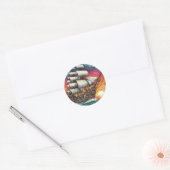STICKER ROND NAVIRE À VOILES STEAMPUNK COUCHER DE SOLEIL (Enveloppe)