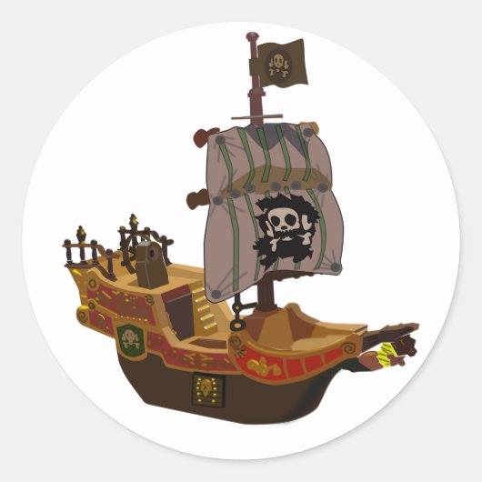 Sticker Rond Navire Pirate avec Drapeau à Crâne (Devant)