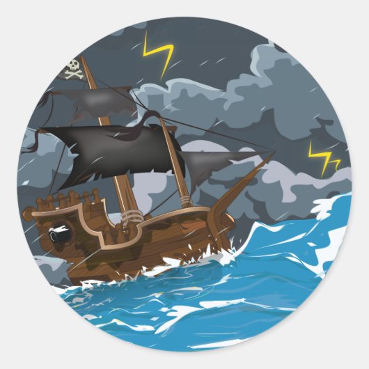 Sticker Rond Navire Pirate dans la Tempête (Devant)