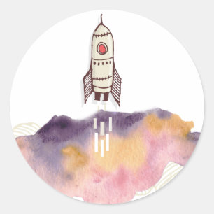 Sticker Rond Navire Spatial Décollage dans un Nuage Coloré