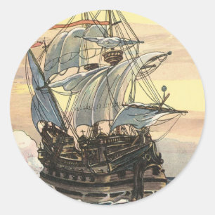 Sticker Rond Navire vintage Pirate, Galleon Voile sur l'Océan