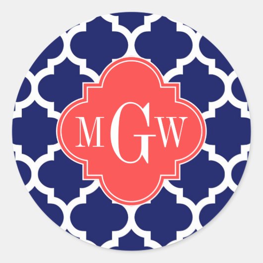 Sticker Rond Navy Blanc Marocain #5 Corail Rouge 3 Initiale Mon (Devant)