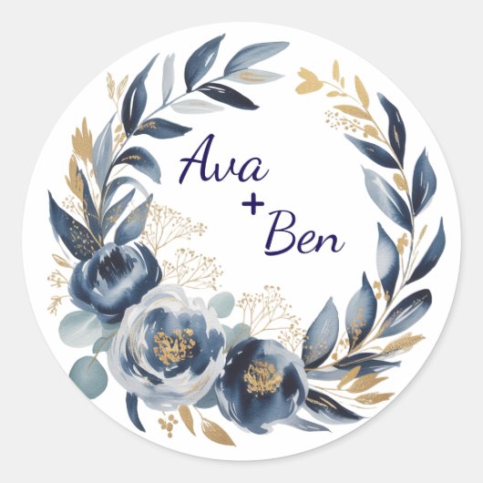 Sticker Rond Navy Blue and Gold Peony Flower Wedding (Devant)